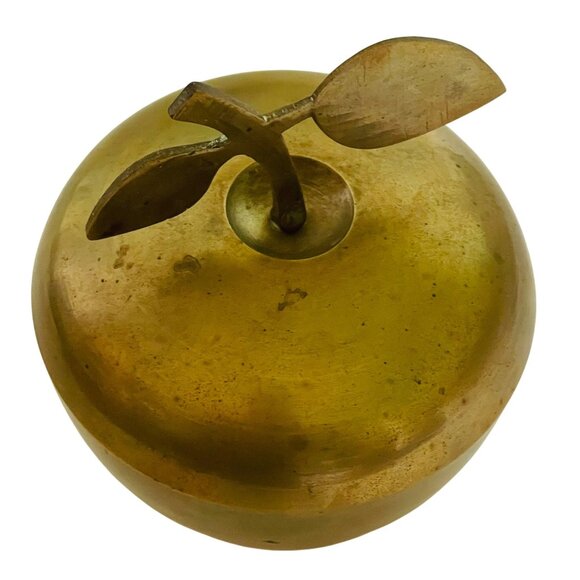 Vintage Brass Apple Container Trinket Box Candy Dish Leaf Handle Lid India 6"x5" - Picture 9 of 11